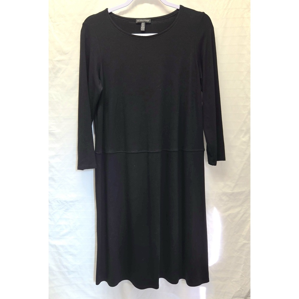 Eileen Fisher Womens Sz XS Black Shift Dress Viscose 3/4 Sleeve Drop Waist Seam